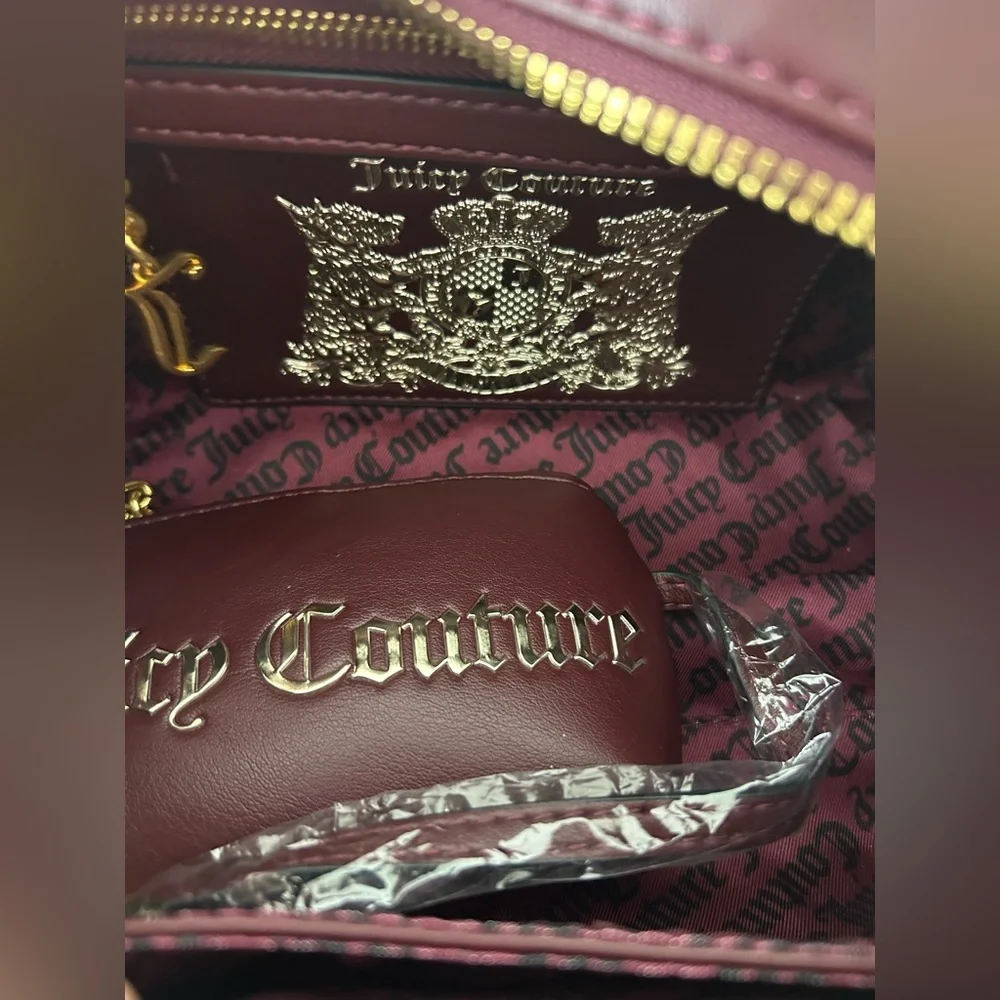 Juicy Couture UK burgundy leather Scottie Dog crest Bowler Bag Wallet Set